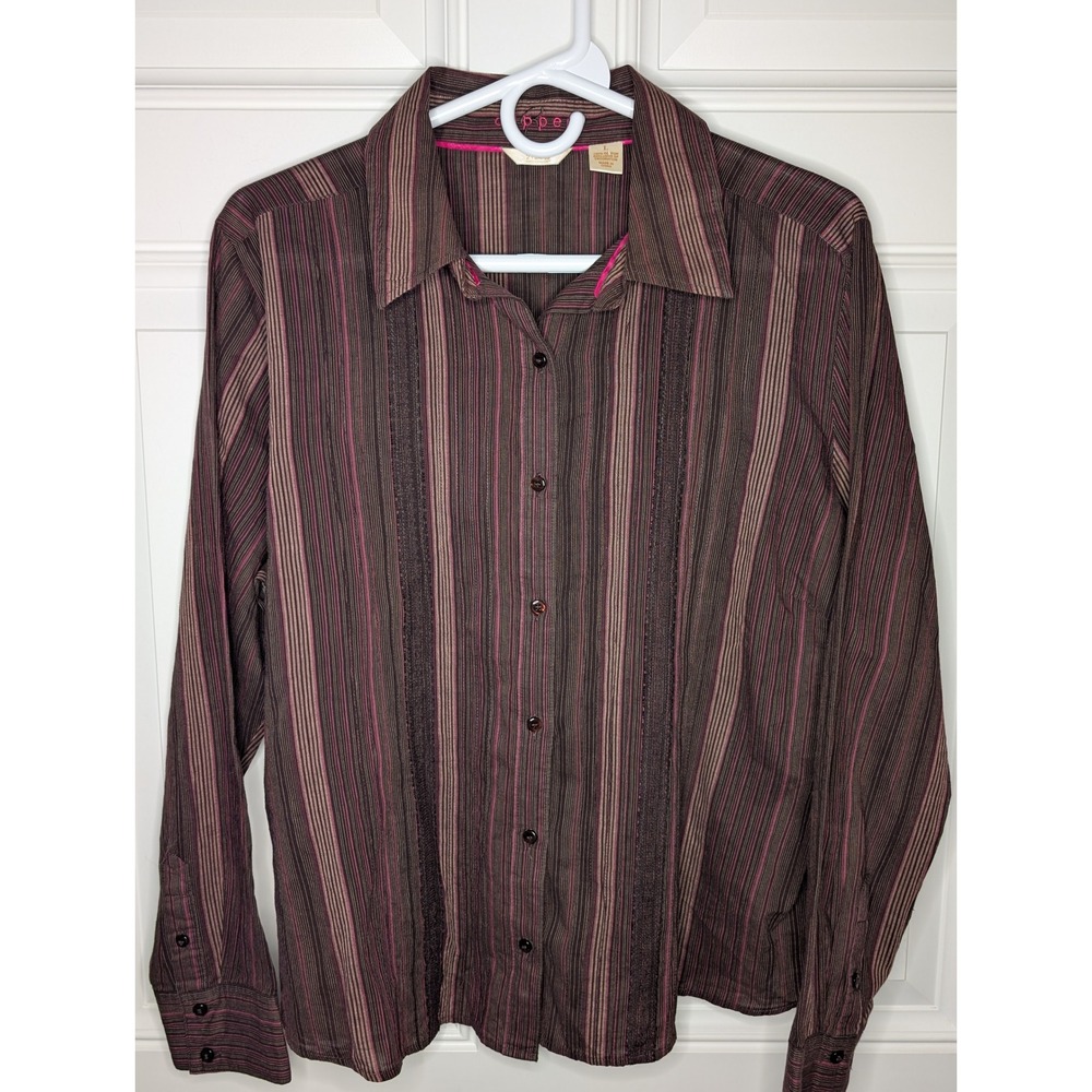 Riders Copper Collection Brown Striped Button Down Shirt Cotton Womens Large